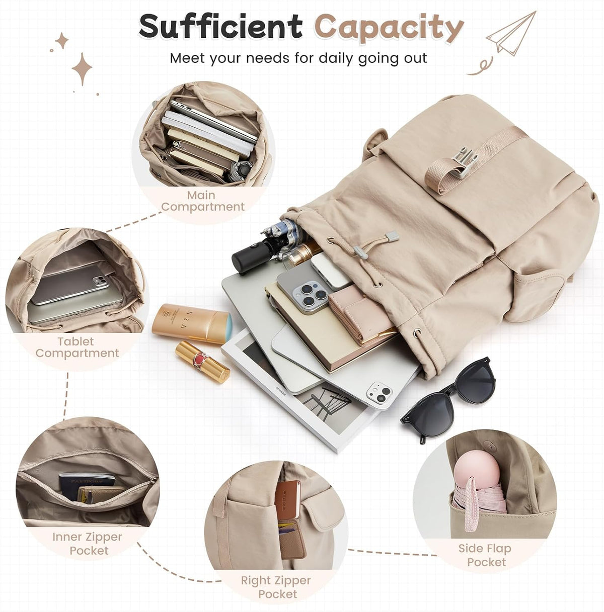 G4Free Small Backpack for Women, Nylon Casual Daypack for Work Travel Campus, Khaki