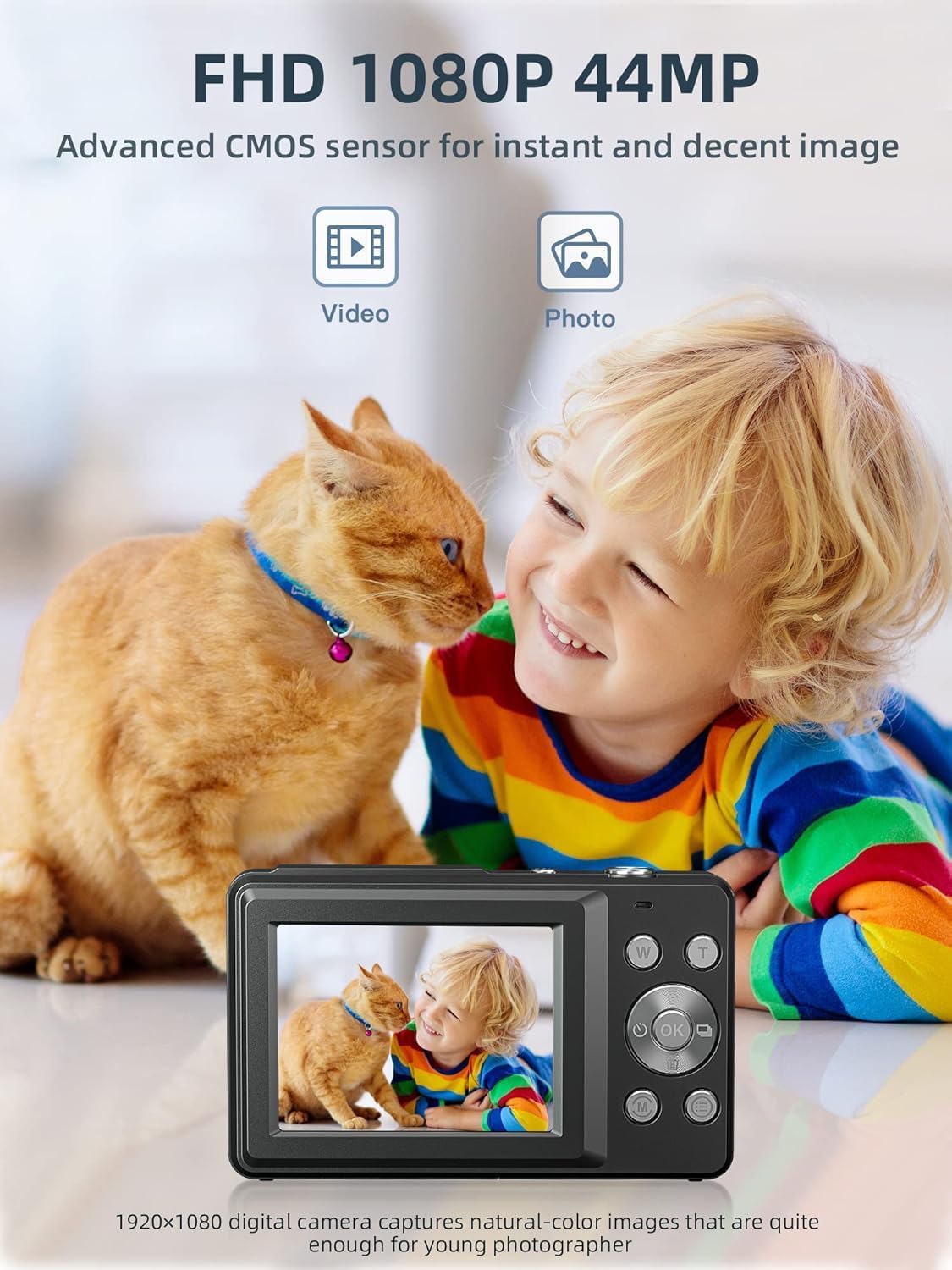Digital Camera 1080P with 32G Card 16X Zoom Flash Portable for Kid, Black