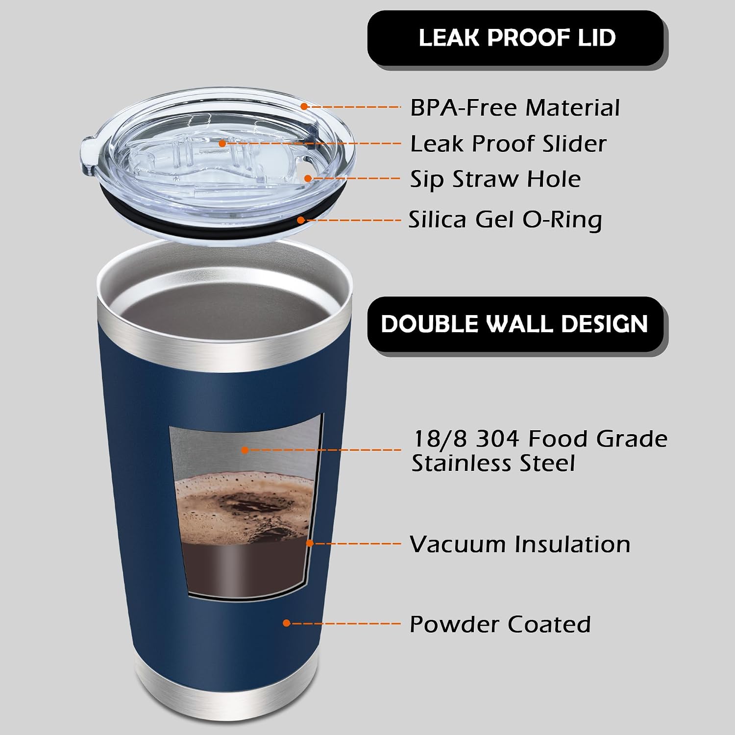 20oz Tumbler with Lid Stainless Steel Tumblers Insulated Mug Navy 12P
