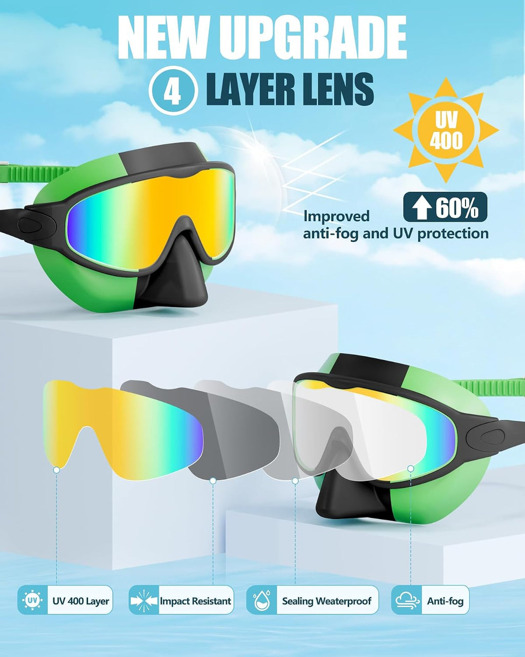 Aegend Swim Goggles with Nose Cover, 2 Pack Wide View Swimming Mask Anti-Fog/UV