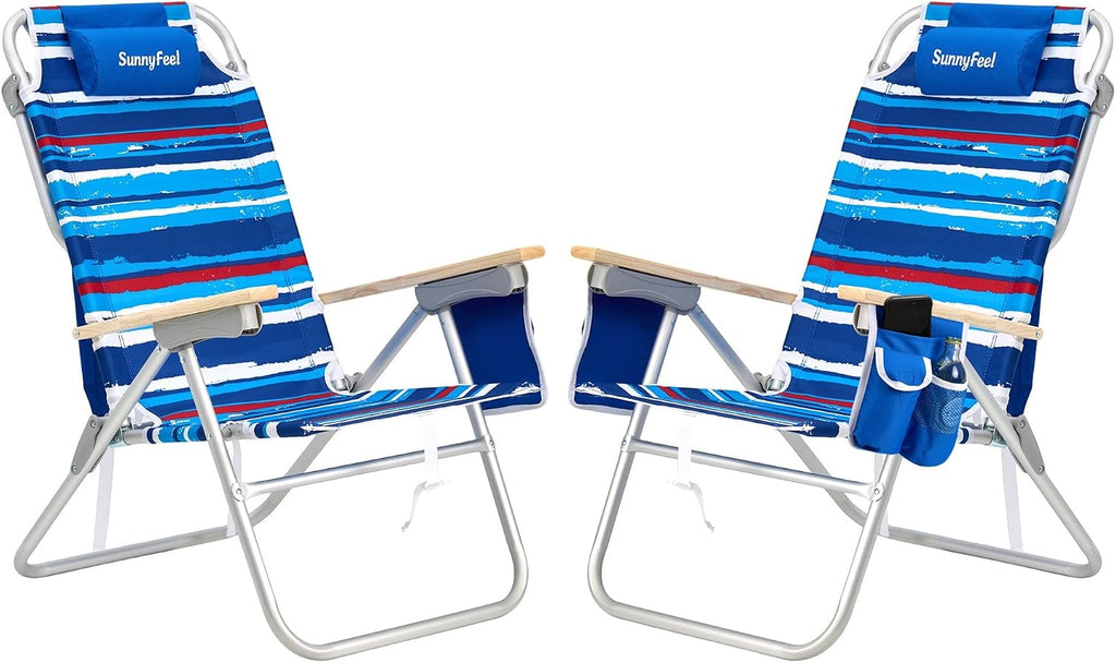 SUNNYFEEL Tall Beach Chair, Reclining Beach Chair with 5-Position, Portable Camping Chair for Adults with Wood Armrest, Lightweight Camping Chair 300 lbs Heavy Duty, Blue Stripe, 2 Pack