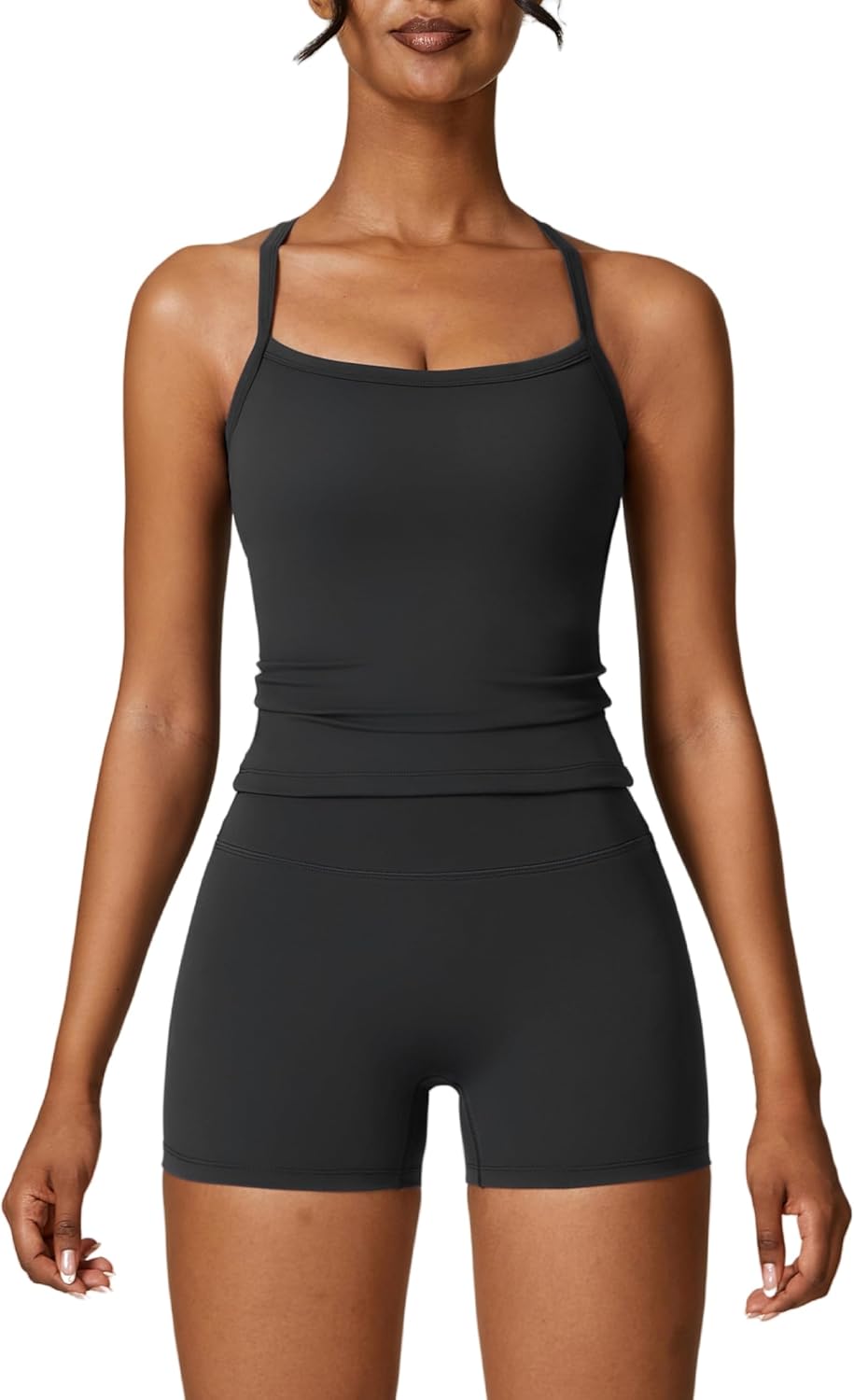 ABOCIW 2 Pieces Workout Sets for Women, Cross Back Tank Top Matching High Waist Biker Shorts, Gym Yoga Pilates Outfits
