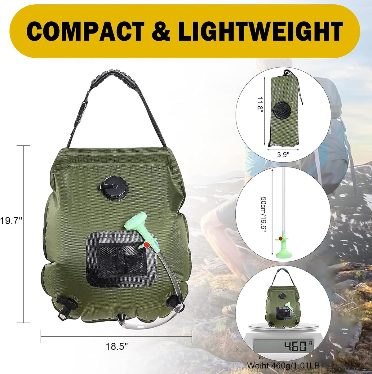 Solar Shower Bag | 5 Gal/20L Solar Heating Camping Shower Bag | Removable Hose | On-Off Switchable Shower Head | Ducha Portatil | Traveling Shower | Portable Shower for Beach Swimming, Hiking