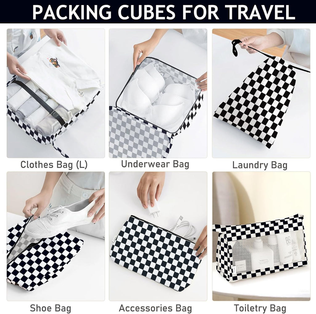 KPX 8 Set Packing Cubes for Travel, Luggage Packing Organizers Accessories Large Toiletries Bag for Clothes Shoes Cosmetics (8Set-Black Checkered)
