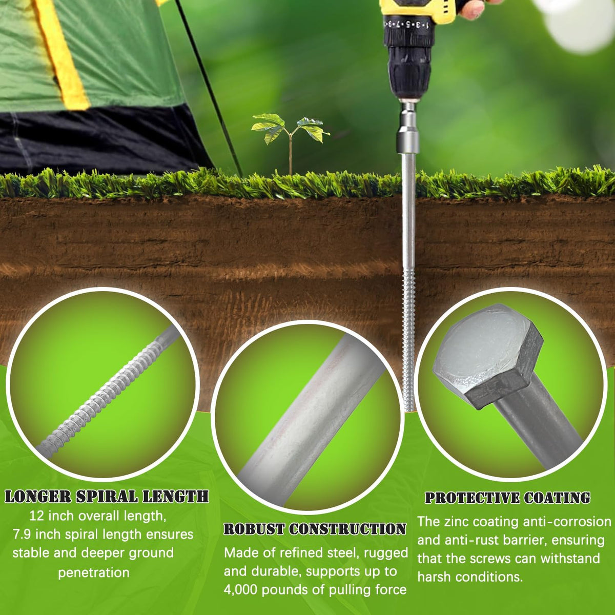 12 PCS 3/8 x 12 in Ground Anchors, Heavy Duty Tent Stakes Kit.