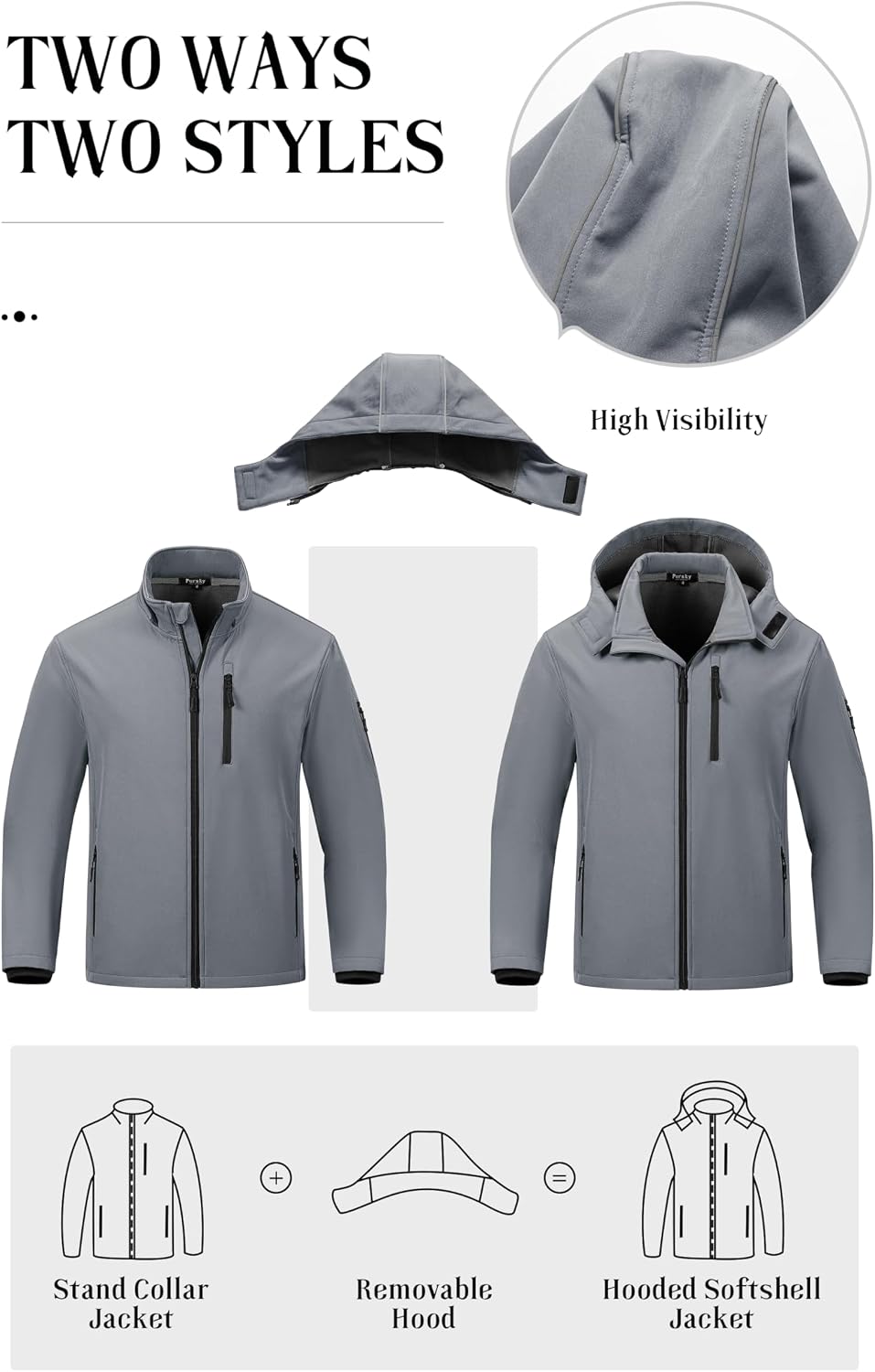 Pursky Men's Softshell Jacket Waterproof Fleece Lined Windbreaker With Removable Hood Lightweight Tactical Jacket