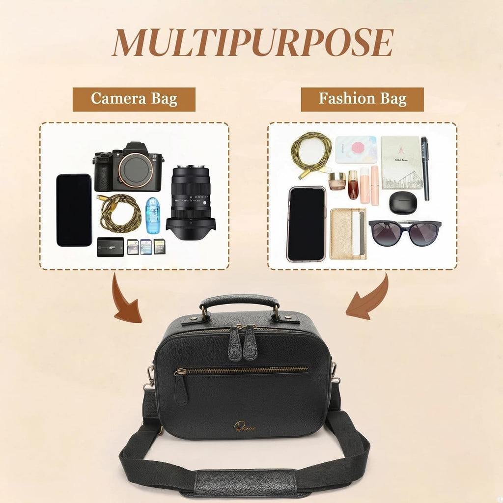 Camera Sling Bag, Waterproof PU Leather Crossbody Camere Bag for Photographers, Small Shockproof Case with Removable Dividers for DSLR/SLR/Mirrorless, 4L Black
