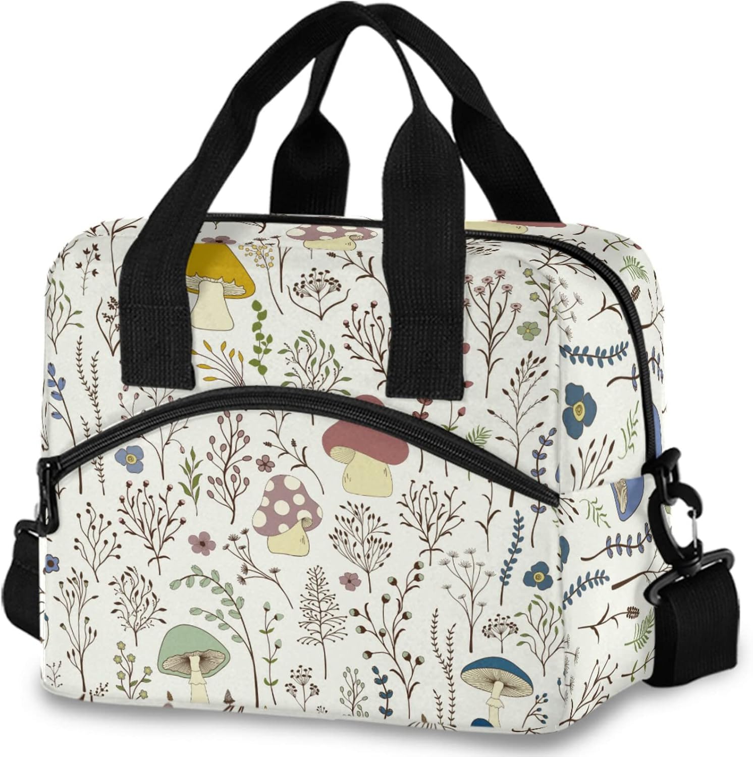 Mushrooms Insulated Lunch Bag, Vintage Flower Butterfly Dragonfly Reusable Cooler Lunch Tote Box with Shoulder Strap for Work Picnic School Beach