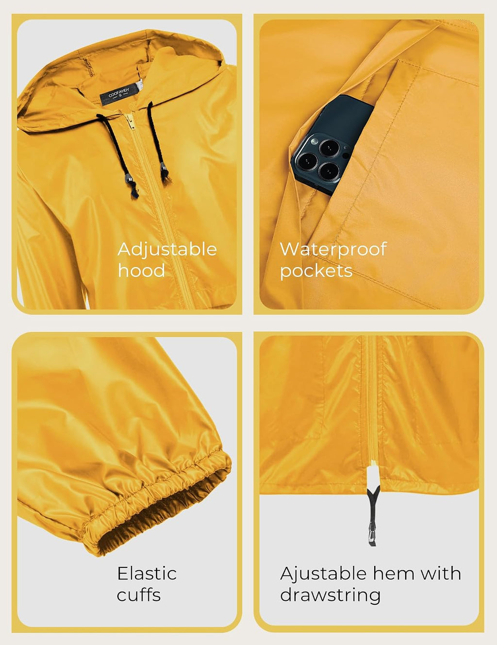 COOFANDY Mens Packable Rain Jacket Lightweight Waterproof Raincoat with Hood Outdoor Rain Gear Travel Hiking Cycling