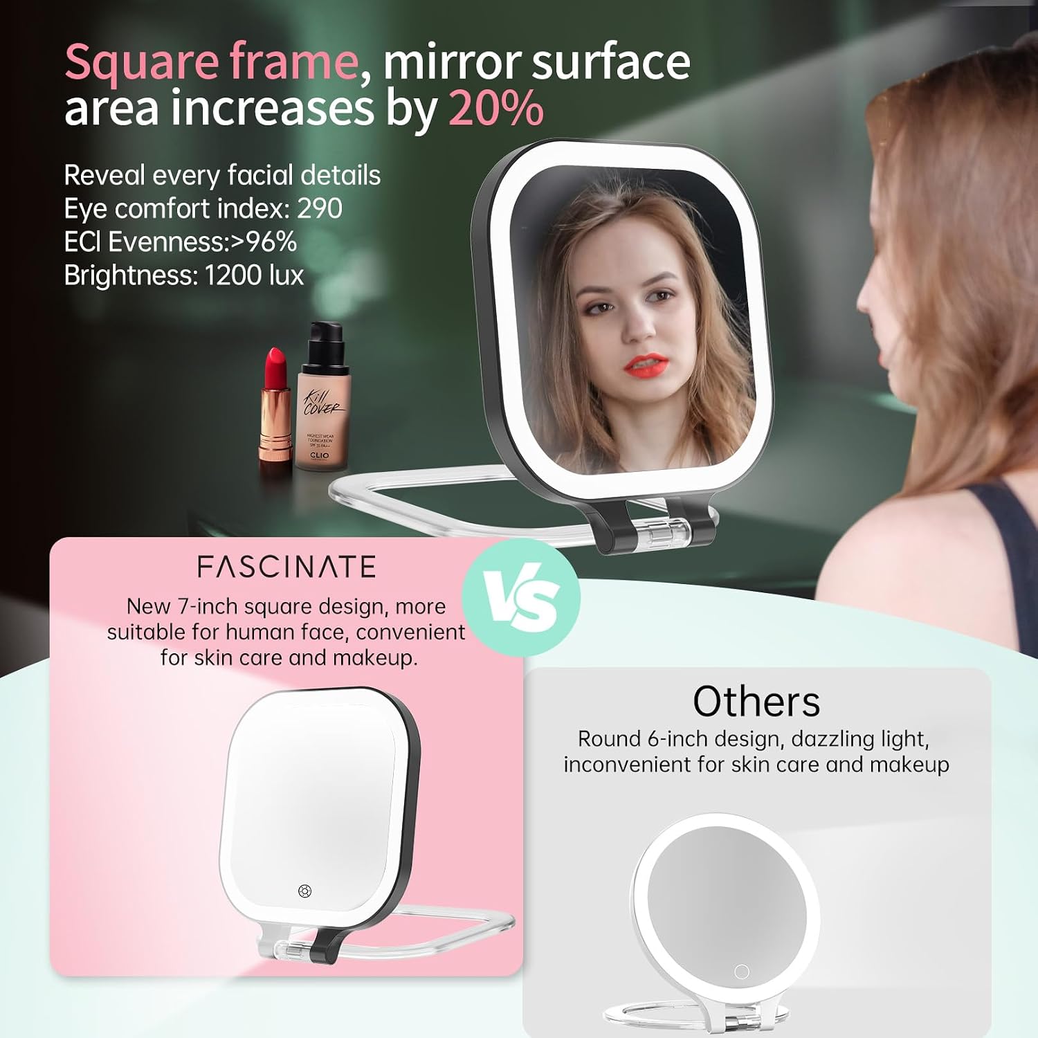 FASCINATE 7" Rechargeable Travel Makeup Mirror 30X Magnification (Black)