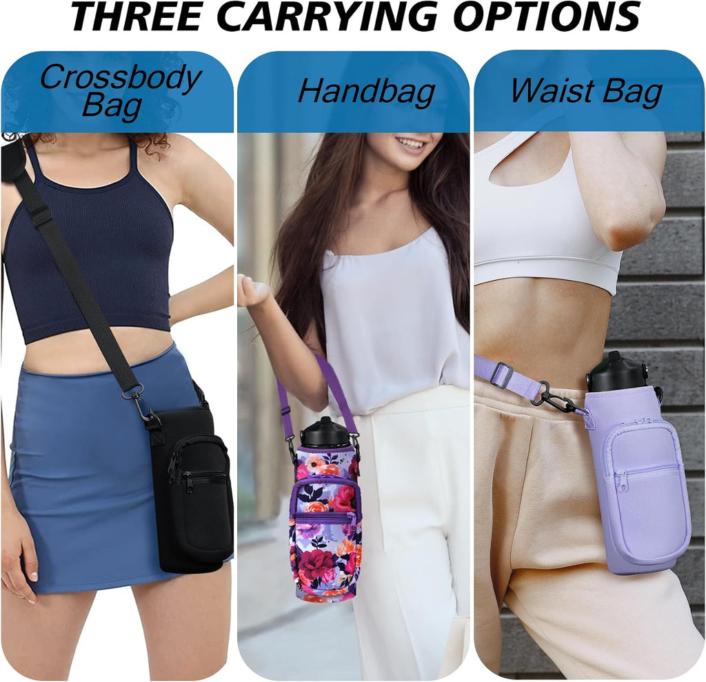 AceTreker 32 40 oz Water Bottle Carrier with Strap, Neoprene Water Bottle Sleeve Bag with 2 Pockets Insulated Flask Sling Holder for Walking Hiking Gym