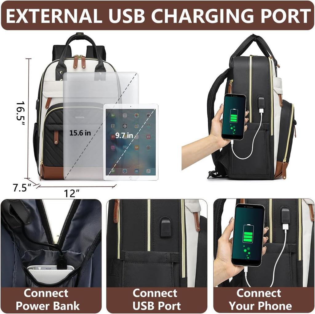 Laptop Backpack for Women Bag - 15.6 inch Work Travel Backpack with USB Charger College Bookbag Waterproof Business Computer Backpack Anti-theft Casual Backpacks for Nurse Teacher Beige Black Brown
