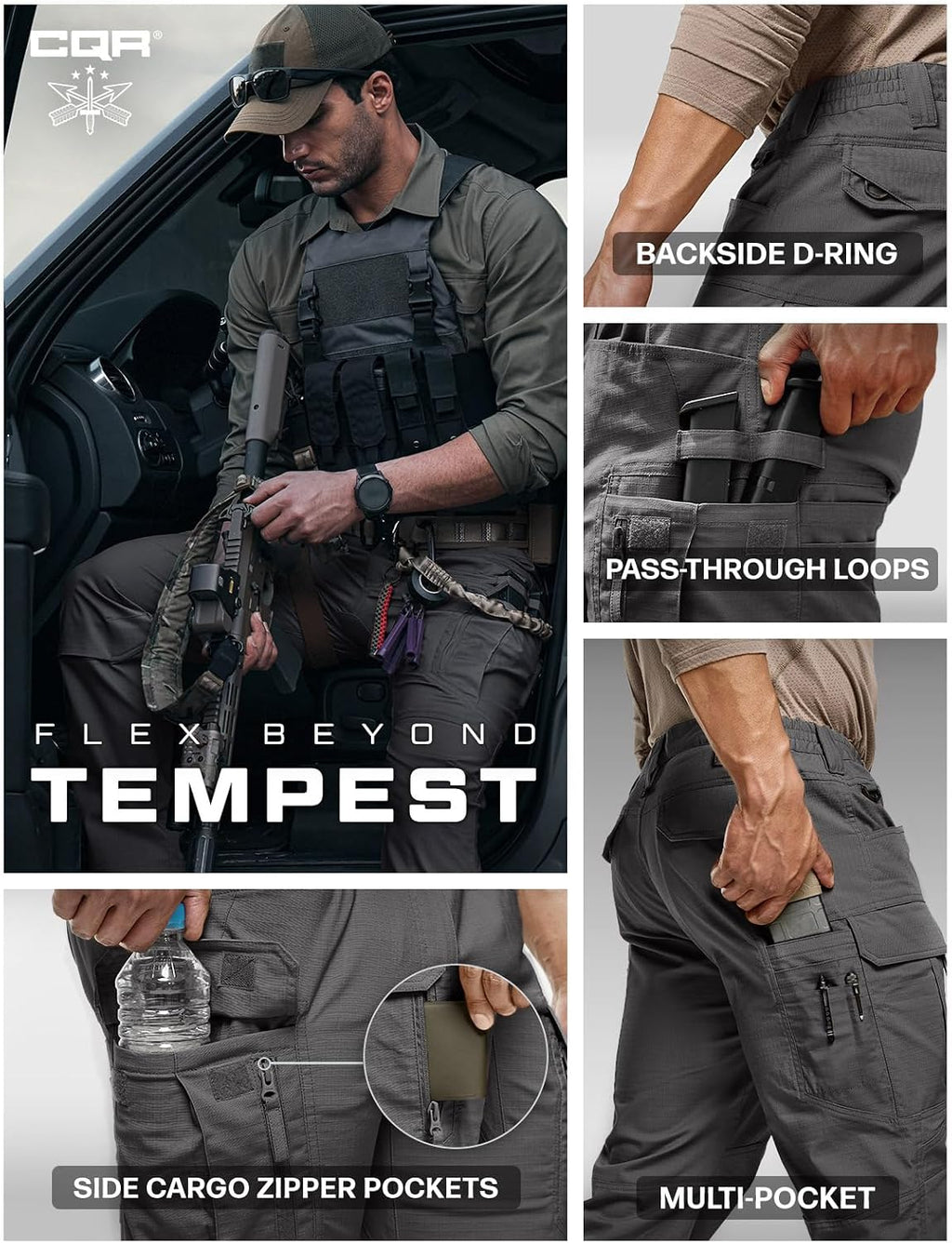CQR Men's Flex Stretch Tactical Pants, Water Resistant Ripstop Cargo Pants, Lightweight EDC Outdoor Work Hiking Pants