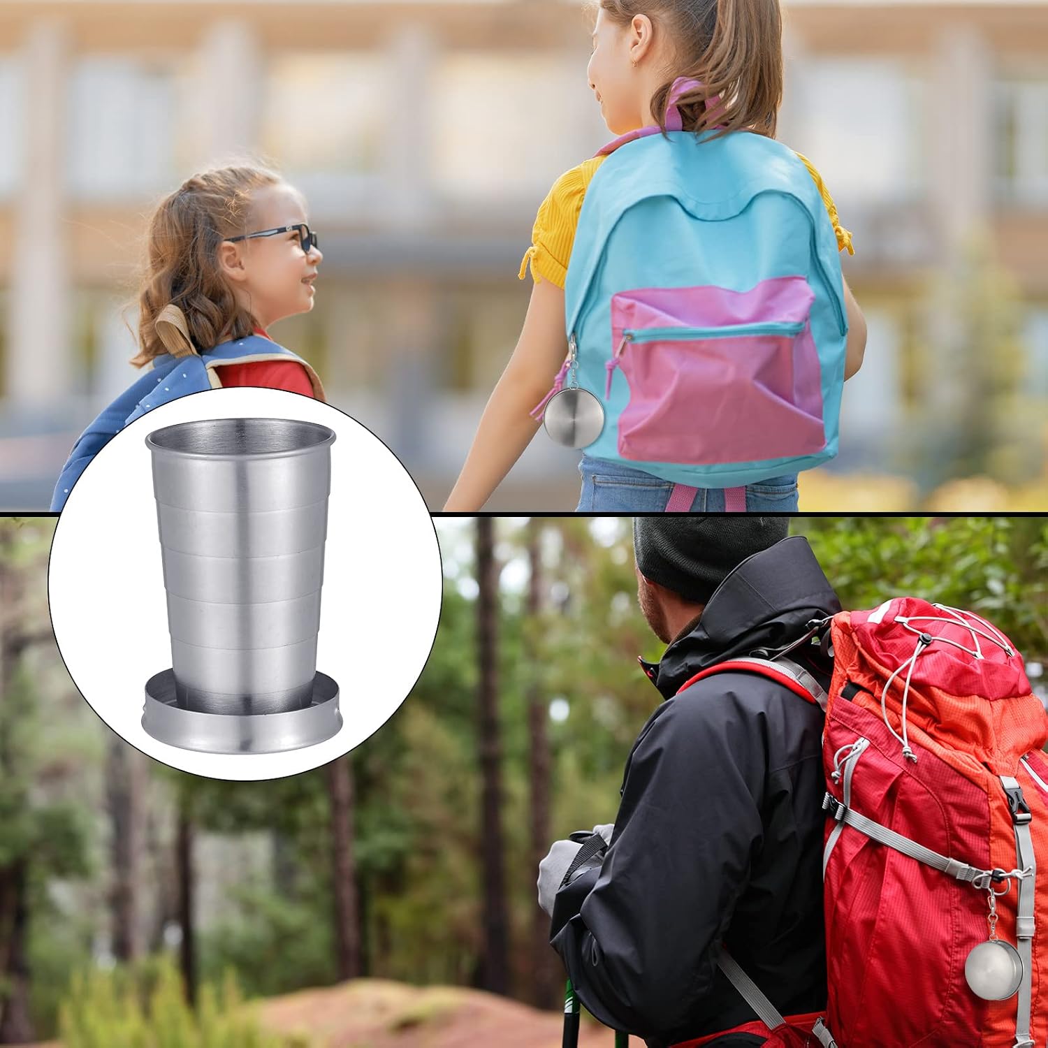 Tessco for you 6 Pieces Collapsible Shot Glasses Stainless Steel Collapsible Cup Reusable Portable Travel Folding Cup with Lid and Keychain for Camping Hiking Cycling(2.5 oz)