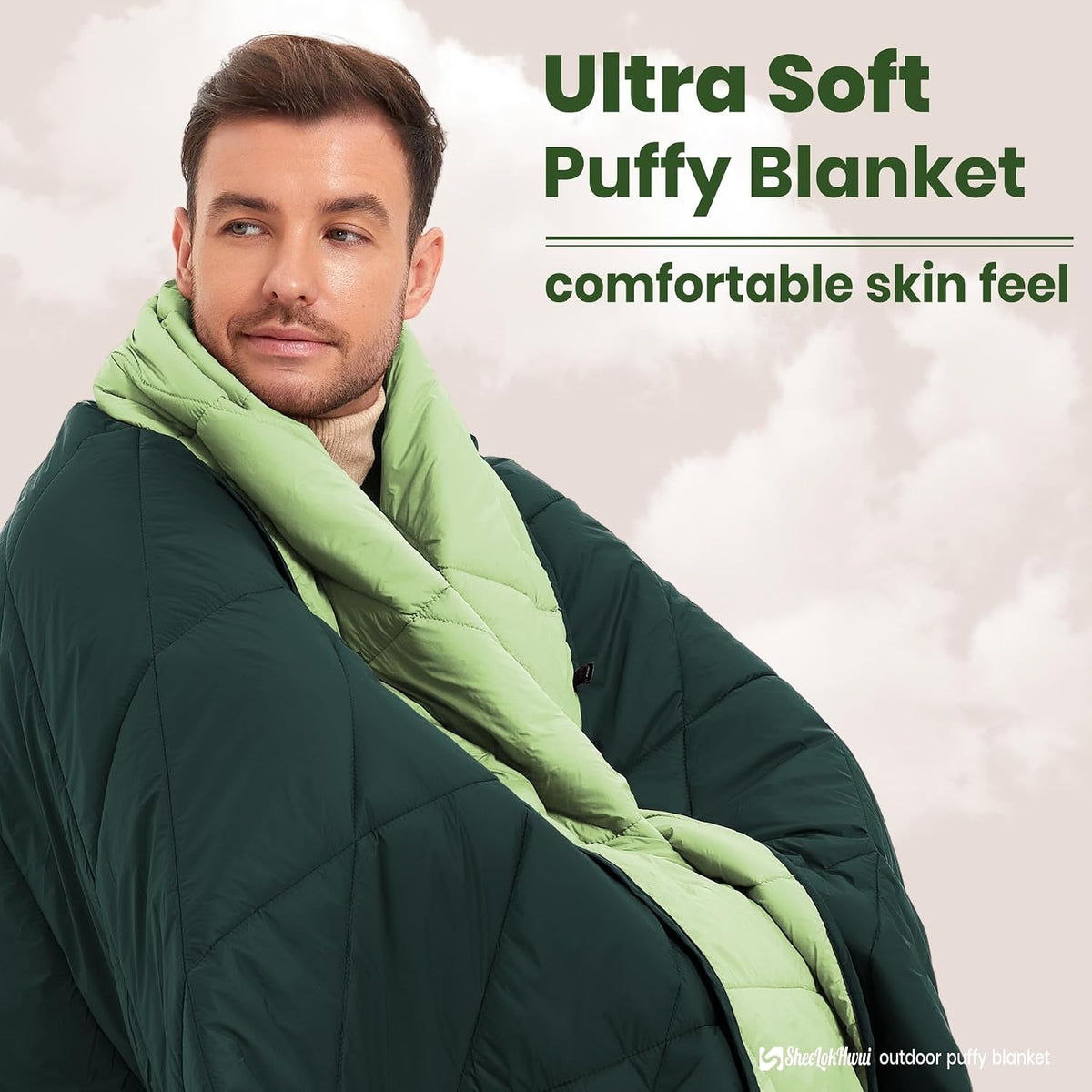 Outdoor Puffy Blanket, Reversible Warm Camping Blanket, Water-Resistant, Packable, Lightweight, Camping Quilt, for Stadium, Backpacking, Hammock, Picnic. 79"x55". Teal Green.