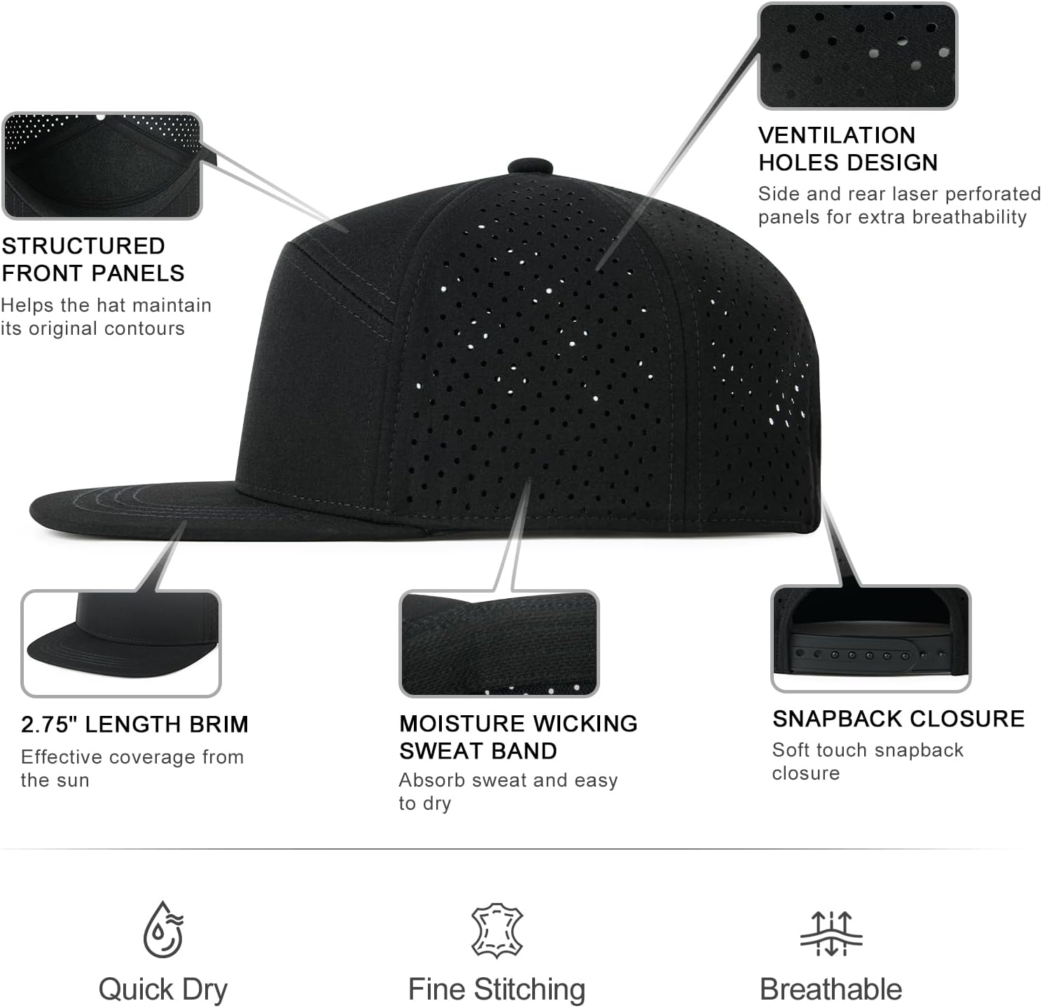 FEINION Men Laser Mesh Flat Brim Snapback Baseball Cap