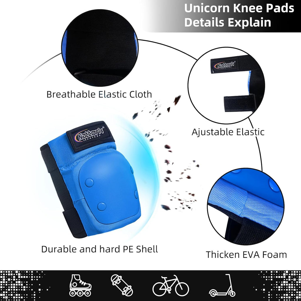 Nattork Knee Pads for Kids Youth Audlt，Knee and Elbow Pads with Wrist Guards 6 in 1 Protective Gear Set for Skateboard, Roller Skate, Inline Skates, Cycling and Scooter Boys Girls