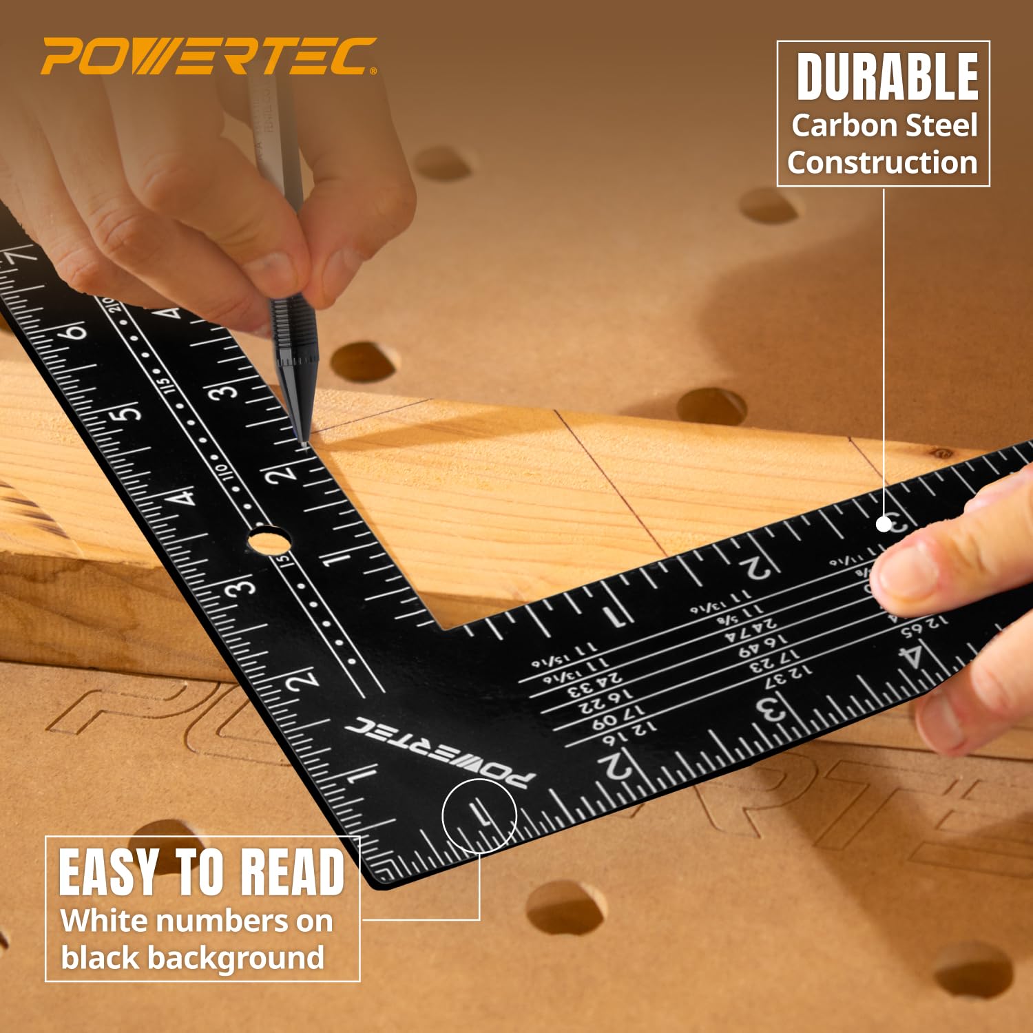 POWERTEC Carpenter Square Set, 16"x24" Framing Square w/Rafter Tables (1PK) & 8"x12" Square Ruler with Imperial & Metric Graduations (1PK) for Woodworking, Construction, Arts & Crafts (80037)