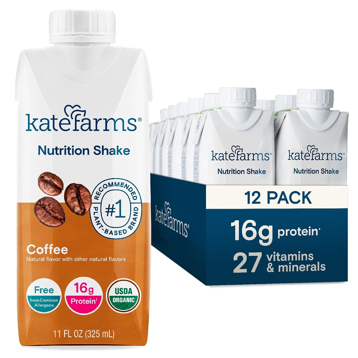 KATE FARMS Organic Nutrition Shake, Coffee, 16g Protein, 27 Vitamins and Minerals, Meal Replacement Shake, 11 oz (12 Pack)