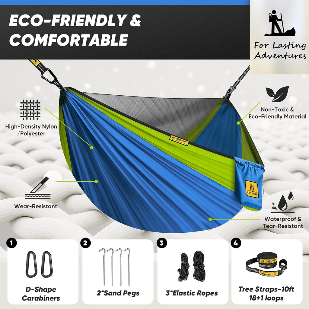 Small Camping Hammock with Mosquito Net, 450 lbs Portable Hammock with Tree Straps, 2-in-1 Double/Single Travel Hammocks, Hammock for Outside/Indoor/Backpacking/Beach - Lake Blue & Green