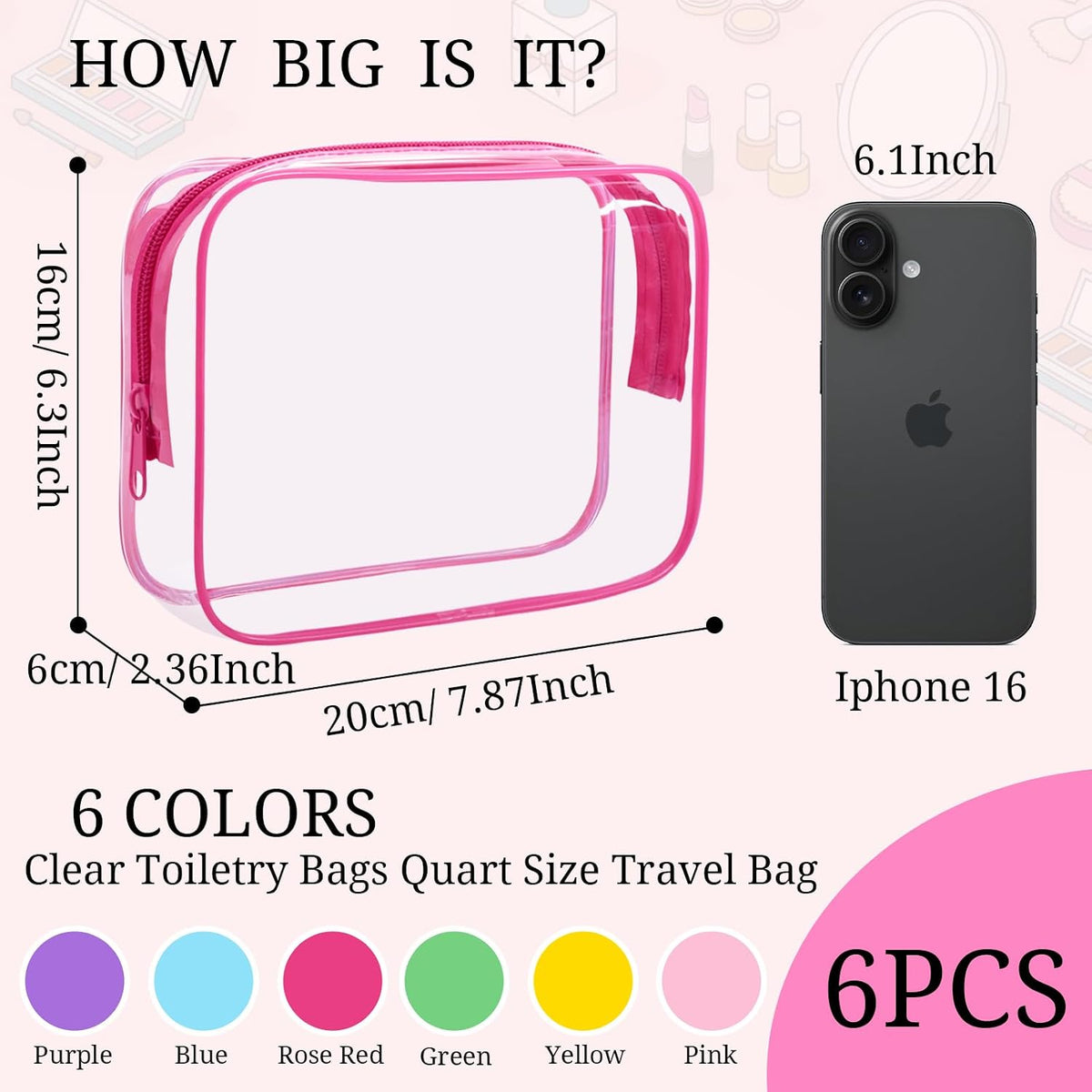 6 Pieces Clear Makeup Bags Bulk TSA Approved Toiletry Bag for Travel PVC Waterproof Clear Cosmetic Pouch with Zipper for Men and Women Carry-on Travel Essentials