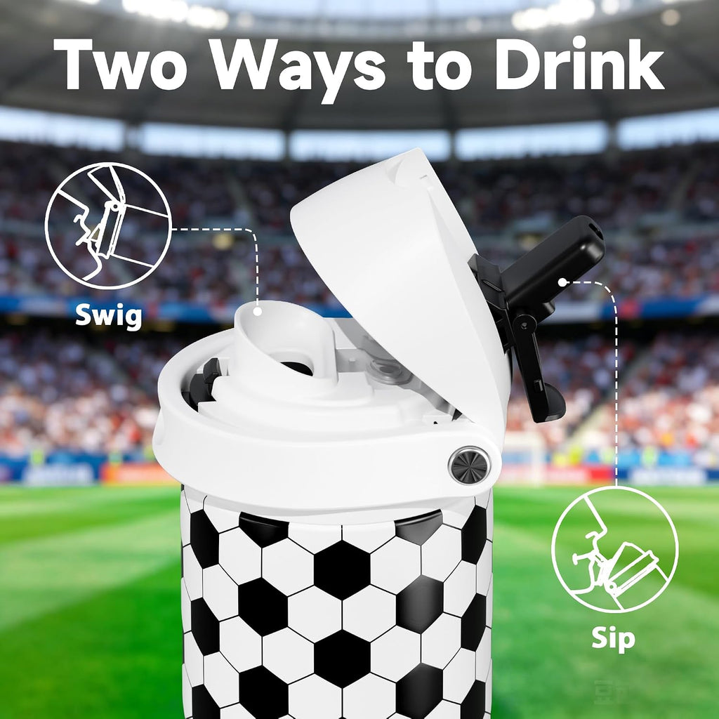 24 oz Insulated Water Bottle with Straw: Meoky Stainless Steel Soccer Water Bottle with 2-in-1 Lid - Leak Proof, Cold for 24 Hours, Fits in Car Cup Holder, Soccer Gifts for Boys Girls, Arena Light