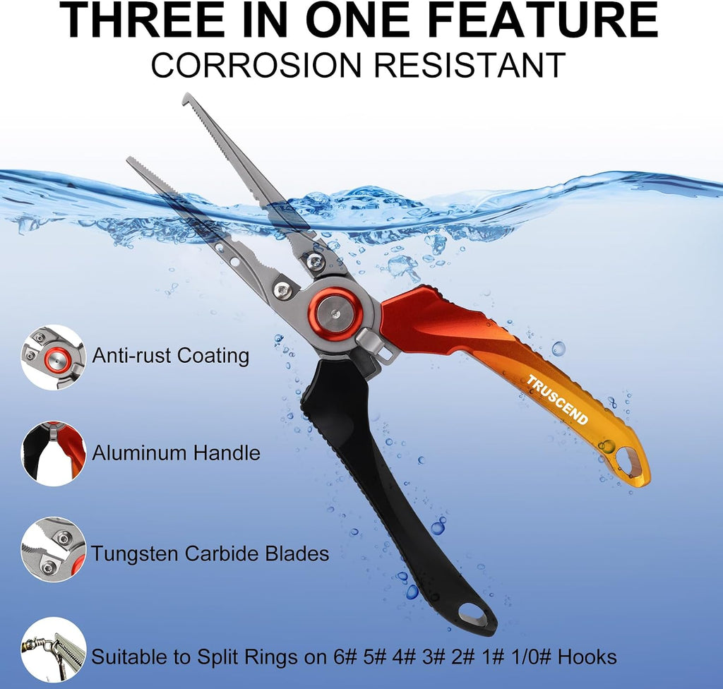 TRUSCEND Easy Use Lockable Fishing Pliers with Tungsten Carbide Cutter, Innovative Ergonomic Handy Handle, Saltwater Corrosion Resistant Teflon Coated Fishing Tool, Light Multi-Function Fishing Gear