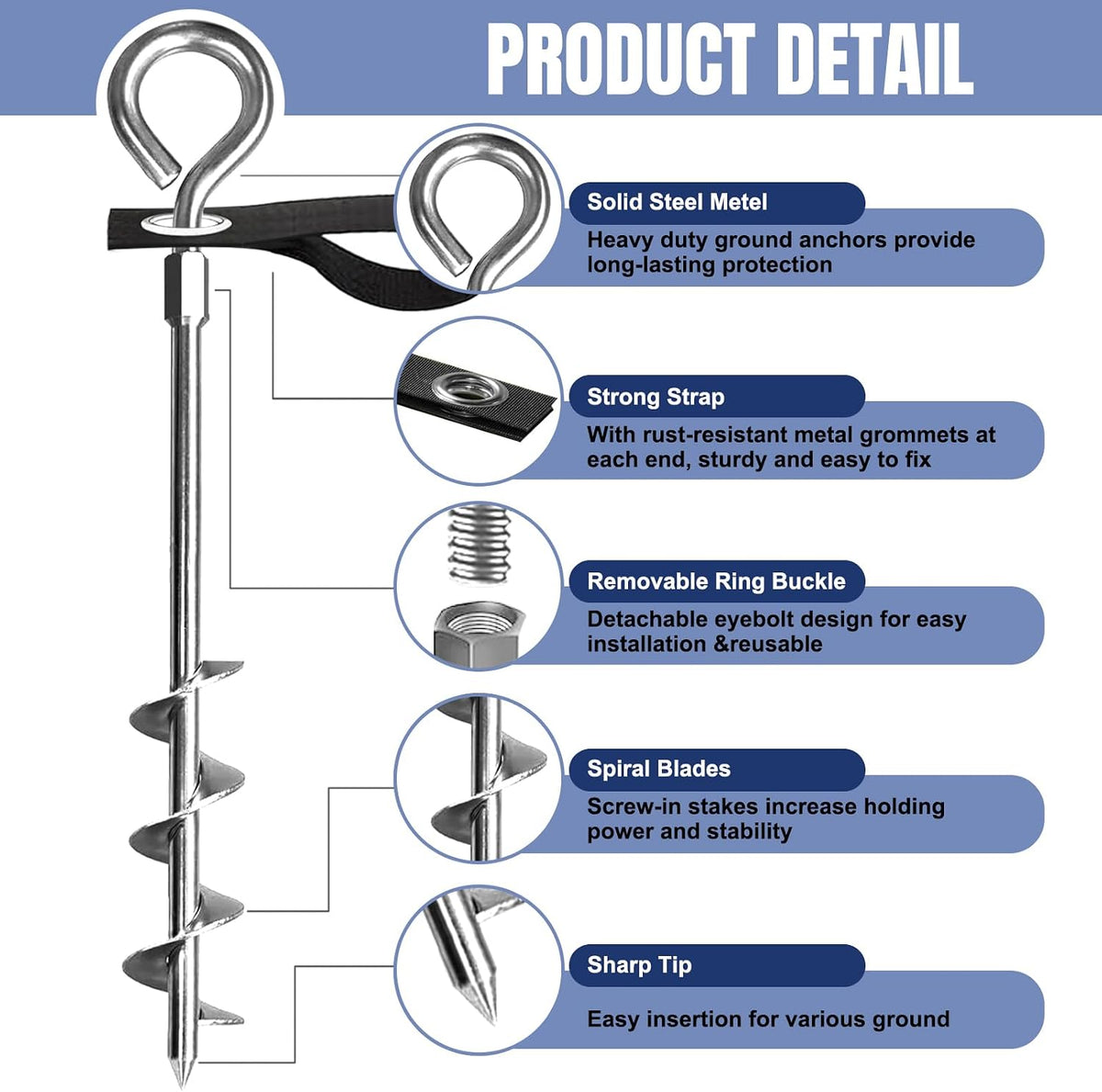 Eurmax USA 4 Pack Heavy Duty Ground Stakes&Anchors,Commercial Spiral Screw-in Trampoline Stakes with Reinforced Tie-Down Straps,High Wind Stabilizing Kit for Canopies,Outdoor Sheds,Swing Sets(Silver)