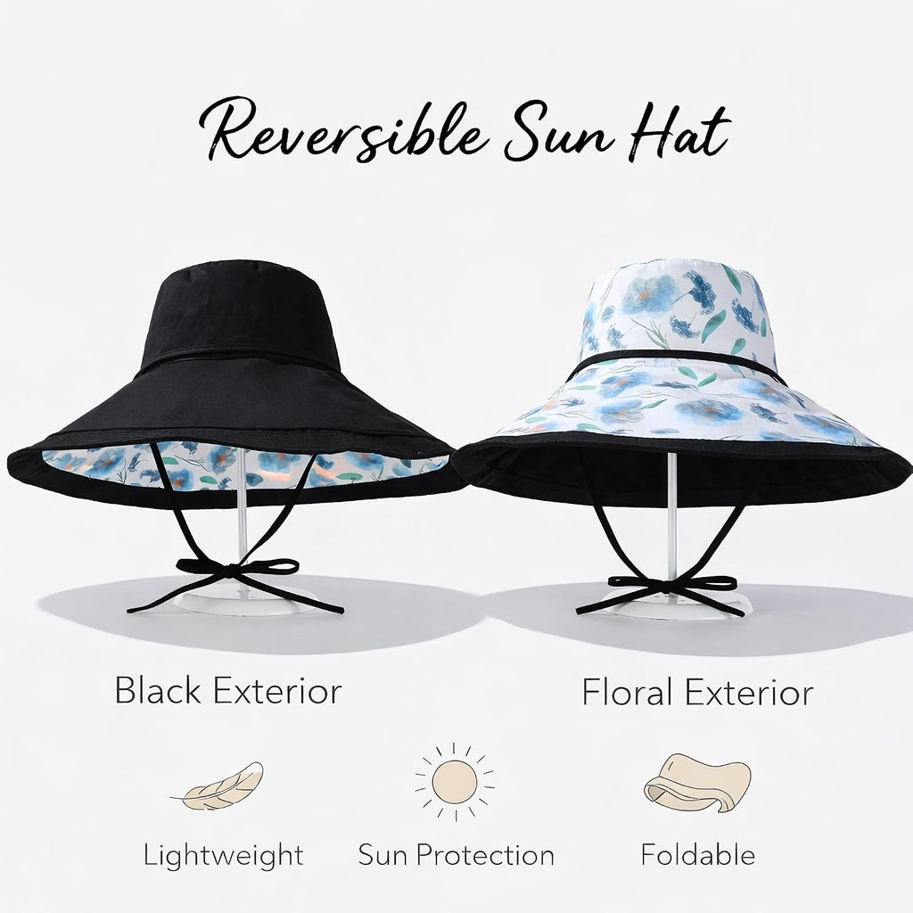 Wide Brim Sun Hat for Women Reversible Beach Hats Metal Wired Edge Gardening Hats, UPF 50+ Bucket Summer Hat