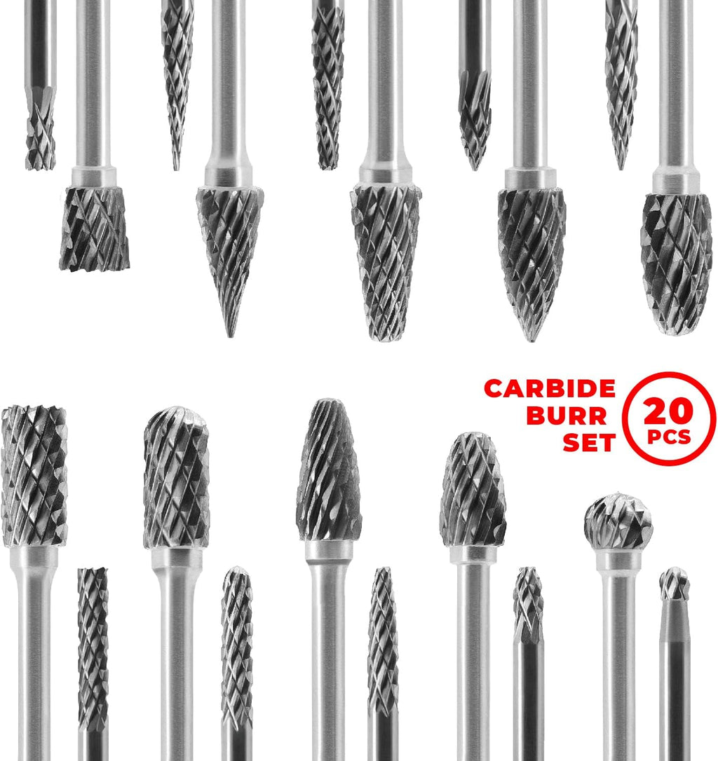 Tungsten Carbide Burr Set 1/8 (3 mm) Shank, Die Grinder Bits, 20 PC Cutting Burr Bits for Dremel, Double Cut Rotary Burr Set for Metall Carving, Engraving, Drilling, Polishing