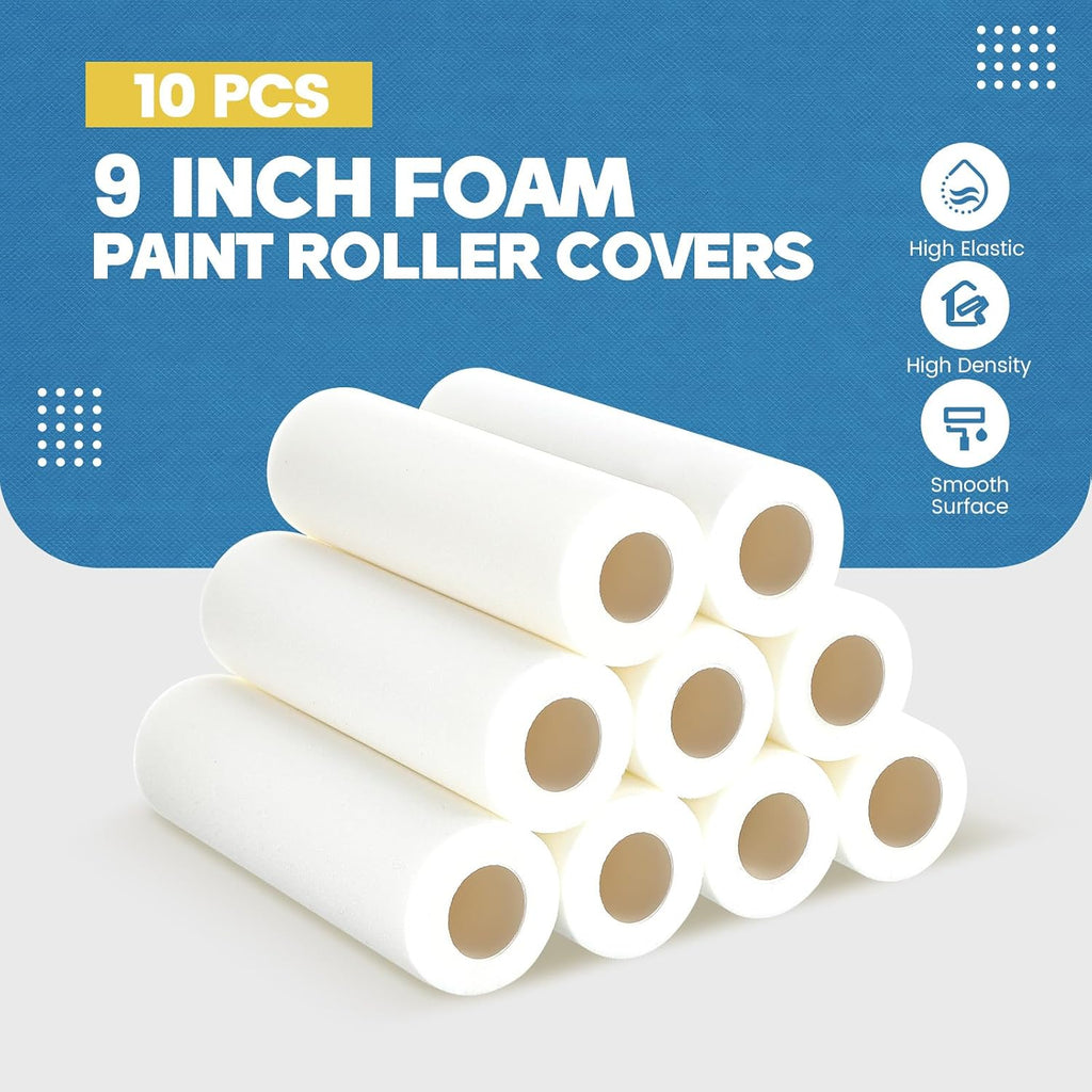 Nuenen 10 Pcs 9 Inch Foam Paint Roller, High Density Foam Paint Roller Covers Wall Paint Roller for Painting Doors Houses Cabinets Ceilings Furniture Smooth Even Finishes Flat Surfaces, White