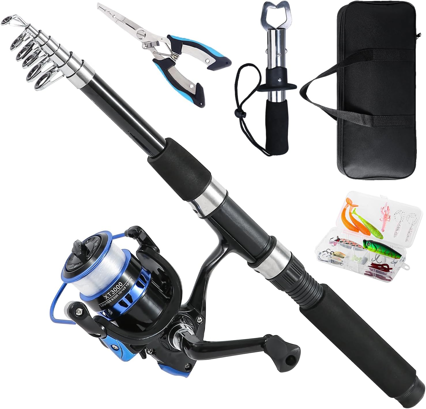 Tripquips Fishing Rod, 6.9ft Telescopic Fishing Rod and Reel Combo with Fishing Pliers and Lip Gripper Fishing Equipment, 5.2:1 Pre-Loaded Spinning Reel Combo Set Fishing Pole