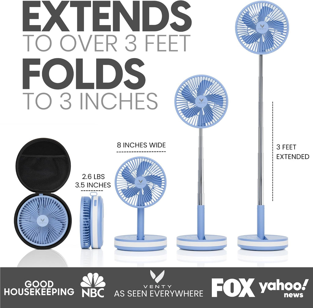 VENTY Portable Fan - Wireless Battery Operated Fan - 4 Speeds - LED Lighting - Carry Case & Remote Control - Cruise Travel - Outdoor Travel RV Power Bank With USB-C Port (Blue with Case)