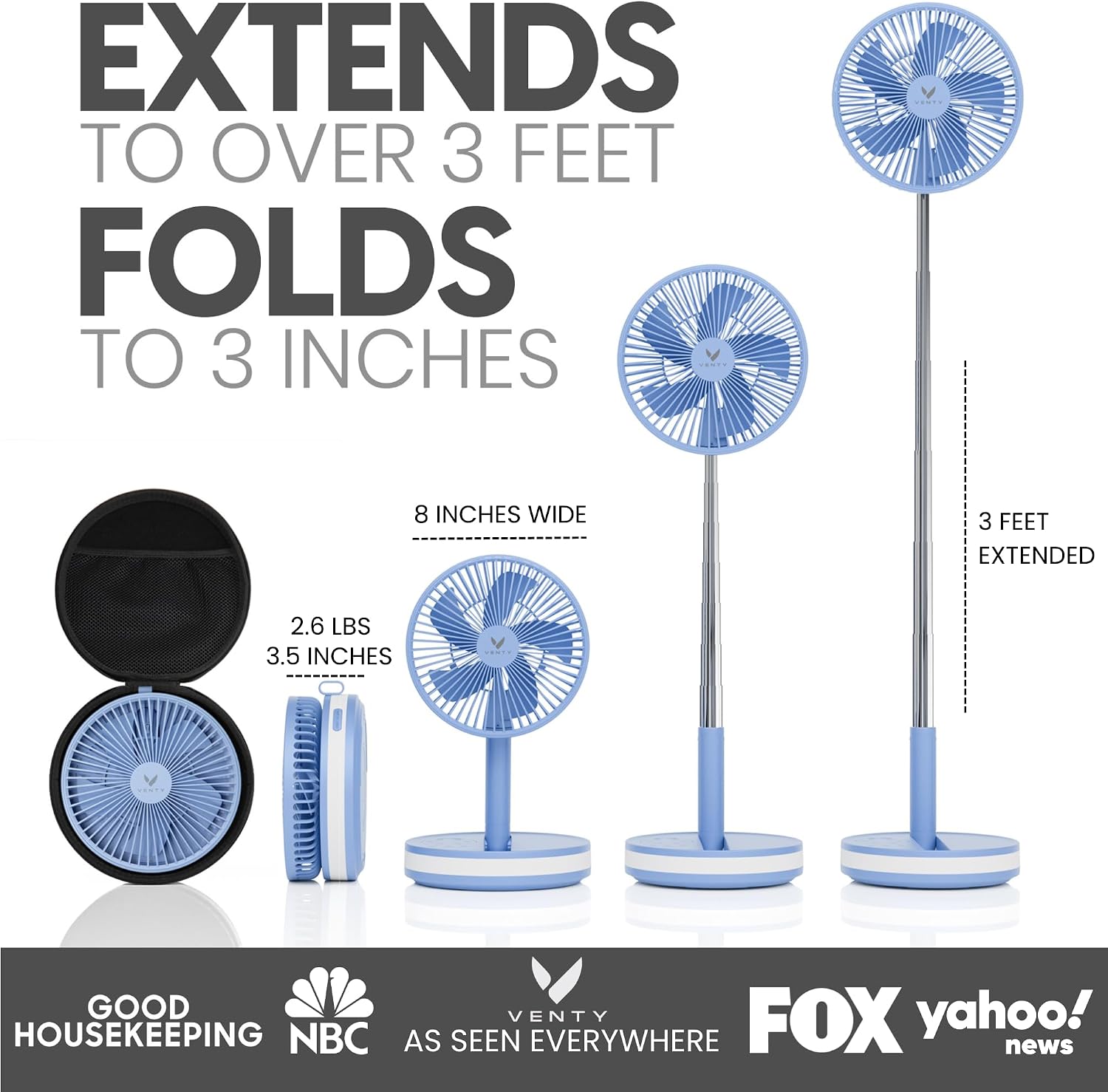 VENTY Portable Fan - Wireless Battery Operated Fan - 4 Speeds - LED Lighting - Carry Case & Remote Control - Cruise Travel - Outdoor Travel RV Power Bank With USB-C Port (Blue with Case)