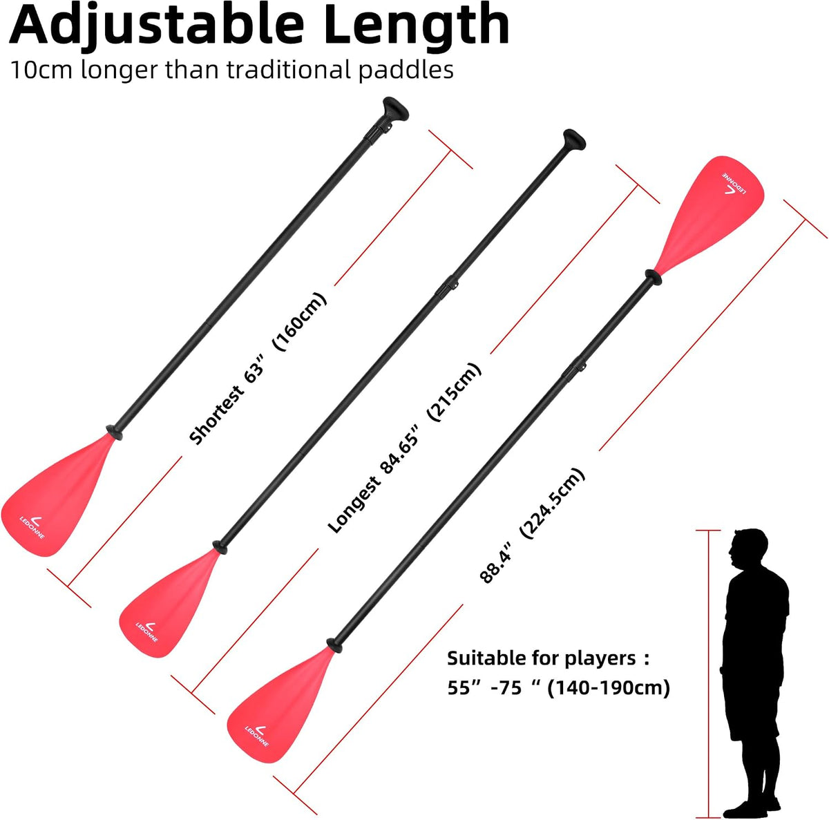LEDONNE SUP Paddle 4-Piece Adjustable Stand Up Paddle Floating Lightweight Portable Kayak Paddle Paddleboard Oar with Aluminum Alloy Shaft, 2 Nylon Blades,3 Million Sets Per Year 500 Bought Monthly