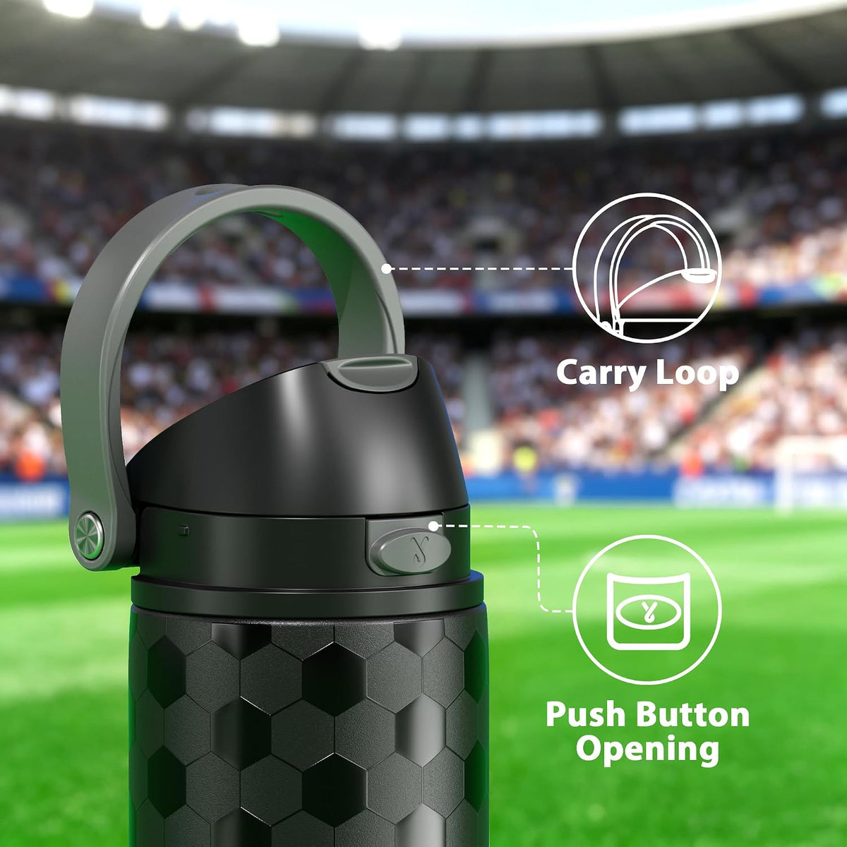 24 oz Insulated Water Bottle for Sports: Meoky Stainless Steel Soccer Water Bottle with 2-in-1 Lid - Leak Proof, Cold for 24 Hours, Fits in Car Cup Holder, Soccer Gifts for Boys Girls, Arena Night