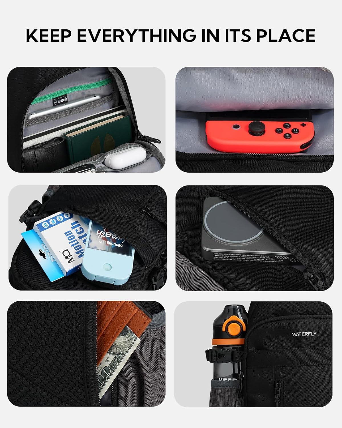 WATERFLY Small Crossbody Sling Bag: RFID Travel Hiking Daypack Man Woman