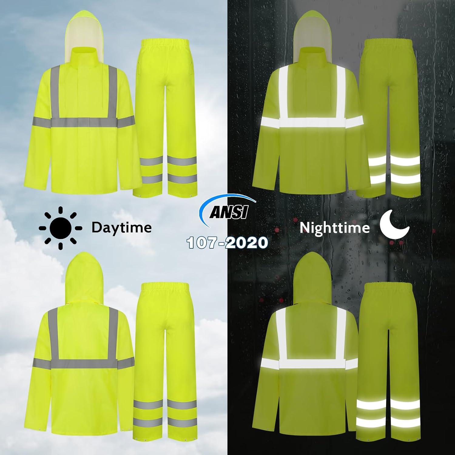 TCCFCCT Rain Suits for Men Waterproof Class 3 Reflective Rain Jacket and Pants, Lightweight Rain Coat for Men with Hood, High Visibility Rain Gear for Safety Work, Durable, 2XL-3XL Yellow WP