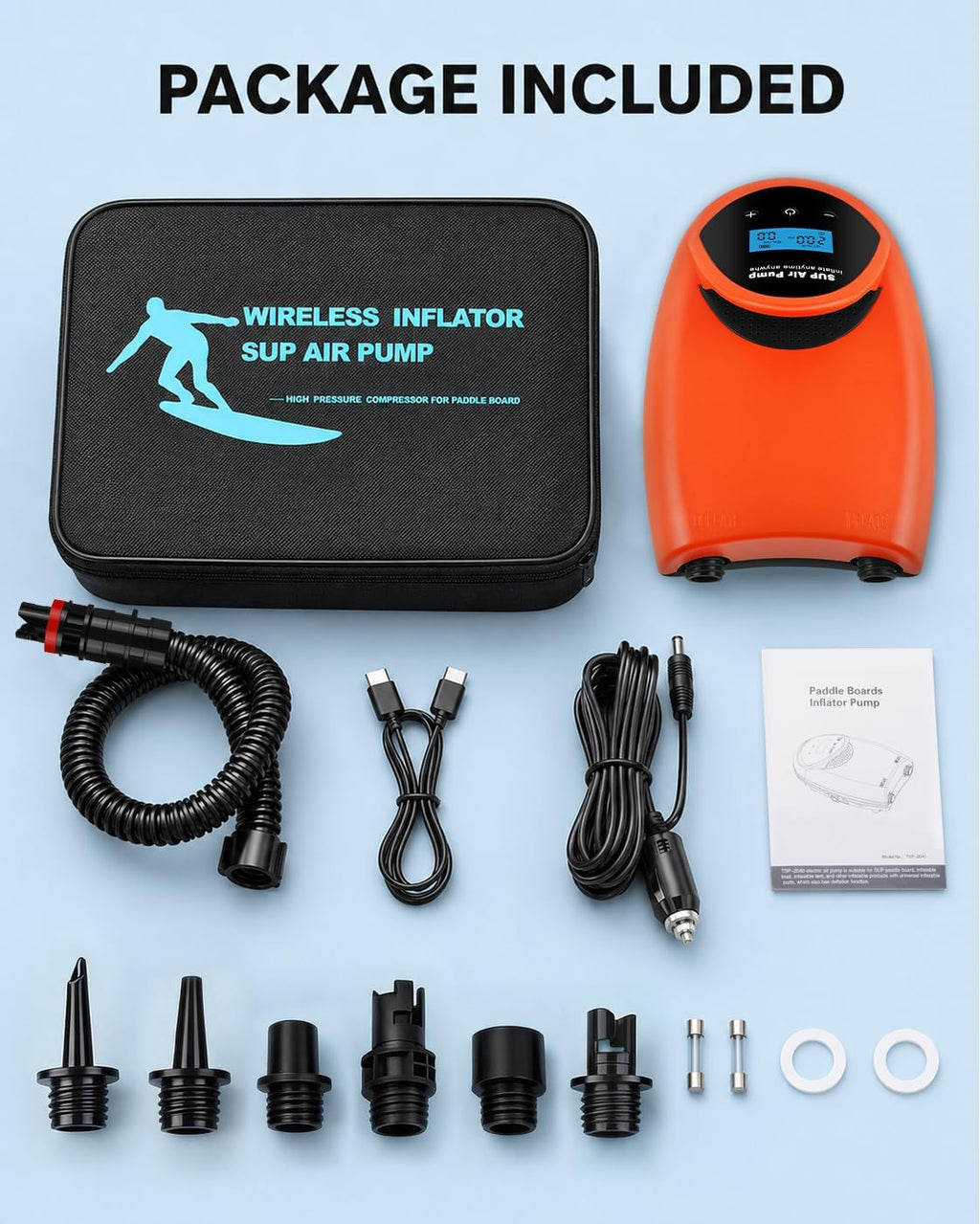 Tonsim Rechargeable Paddle Board Electric Pump, 20 PSI SUP Pump with 4 Preset Modes, Dual-Stage Inflation & Deflation, 12V DC Car Connector, Auto Shut-Off for Paddle Boards, Kayaks and Tents