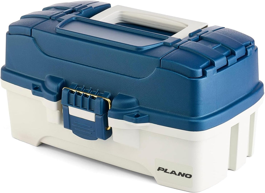 Plano One-Tray Tackle Box, Blue/White, Rust-Proof Brass Latch, Top-Access Tray with Deep Storage, Made in the USA, Portable Fishing Gear Storage Organizer