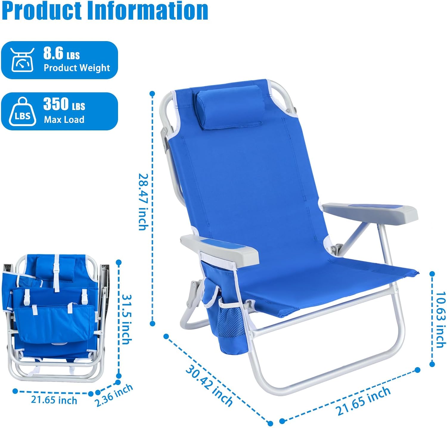 SUNNYFEEL Low Beach Chair, 5-Position Lay Flat Reclining Backpack Chair with Cooler Bag & Cup Holder, Portable Folding Beach Chair for Adults, Heavy Duty 350 LBS, Blue