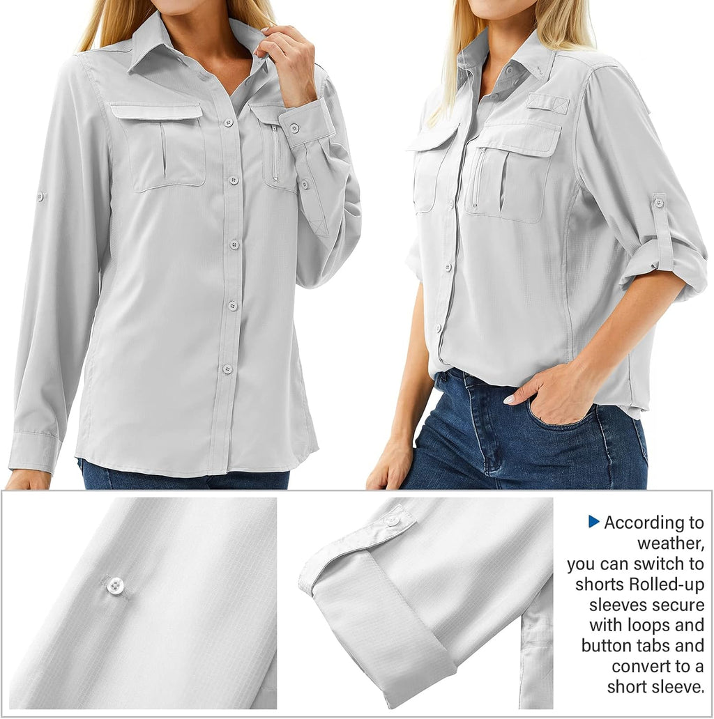 Women's UPF 50 Long Sleeve Sun Protection Safari Fish Hiking Shirts