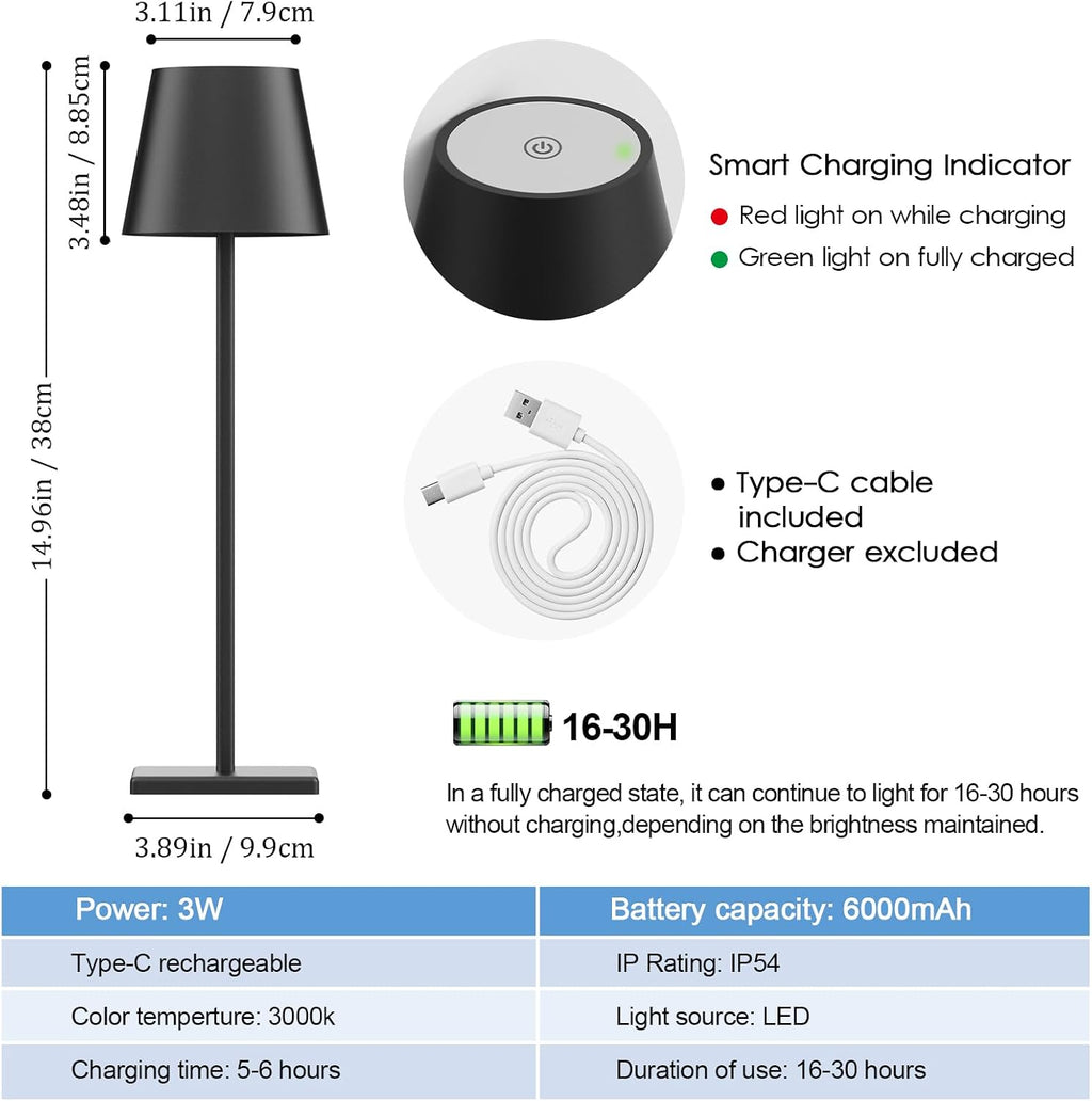 Black Cordless Table Lamp, 5000mAh Portable LED Rechargeable Lamp