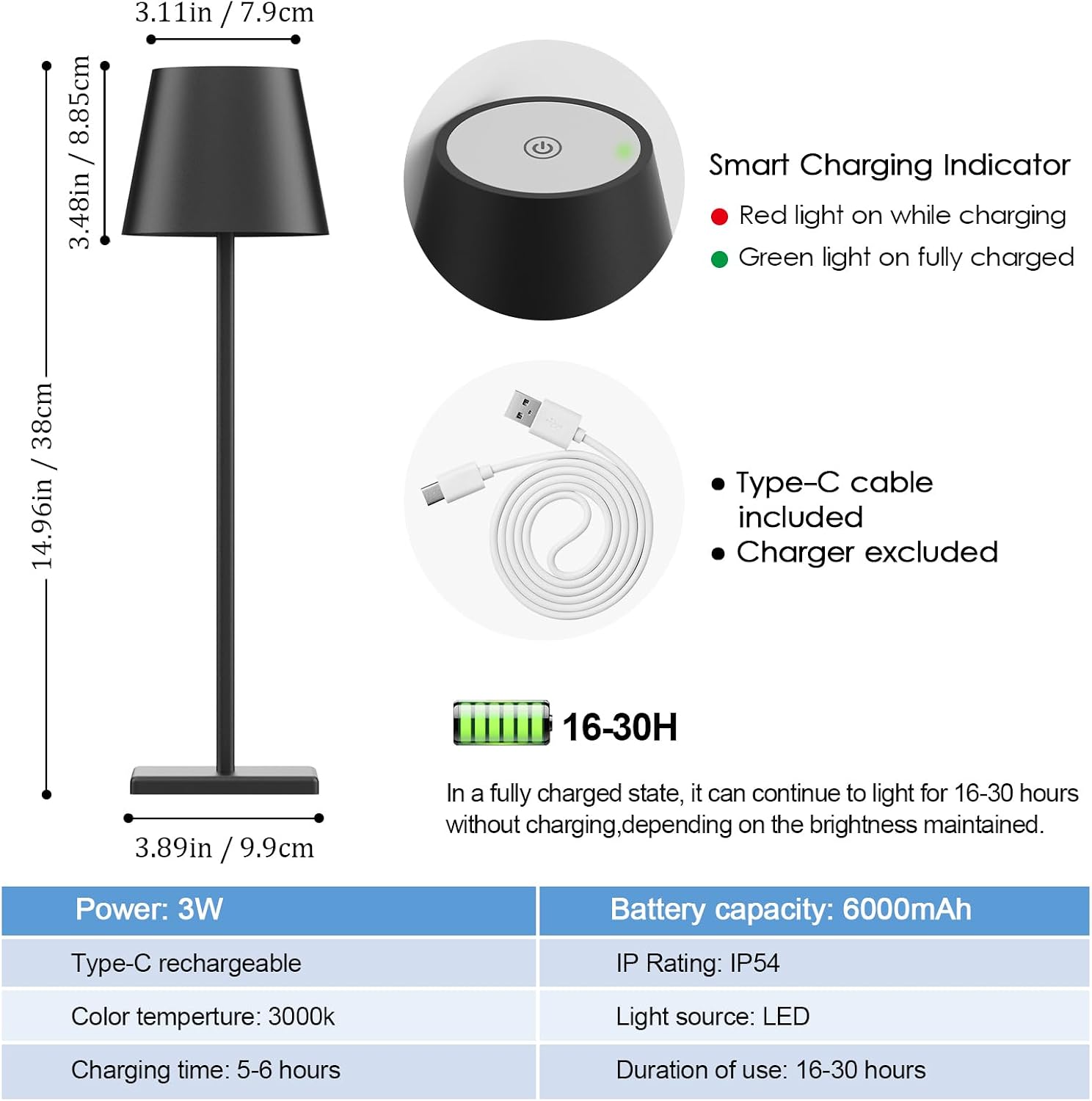 Black Cordless Table Lamp, 5000mAh Portable LED Rechargeable Lamp