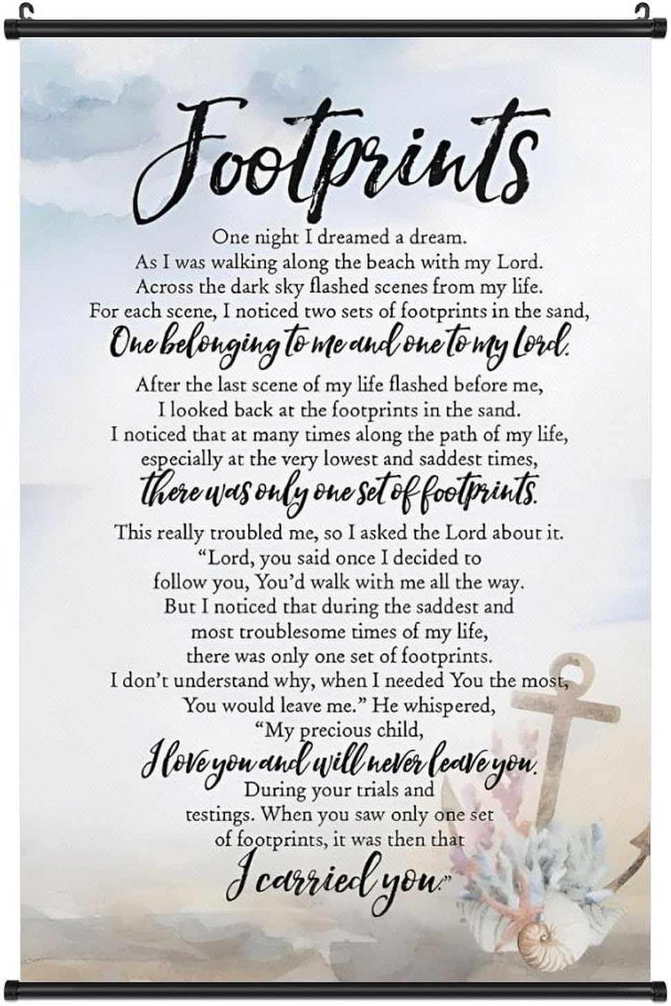 Footprints in the Sand Religious Canvas Wall Art Posters, Inspirational Beach Sunset Poem Print Poster (Black Axis 20x30inch, Footprints(6))
