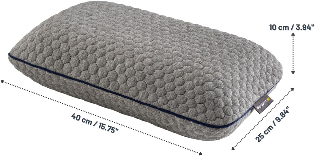 Memory Foam Travel Pillow with Washable Cover & Carry Bag – Compact, Soft & Breathable Neck Pillow for Airplane, Camping & Car (Gray- with Extra Gray Cotton Cover, 15.7x9.8x3.9 inches)