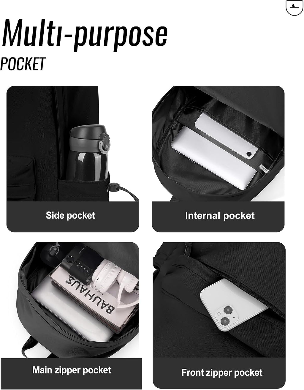 Black School Backpack for Women Men, Middle High School Bag for Girls Boys