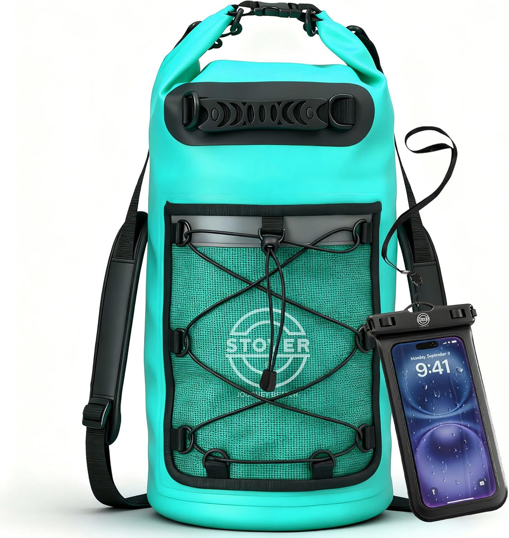 STOVER 5/10/25/30/40L Waterproof Dry Backpack & Phone Case- Large Floating Dry Bag for Kayaking, Travel, Hiking, Fishing, Camping, Motorcycles & Beach, Heavy-Duty Roll Top Men/Women (Teal)