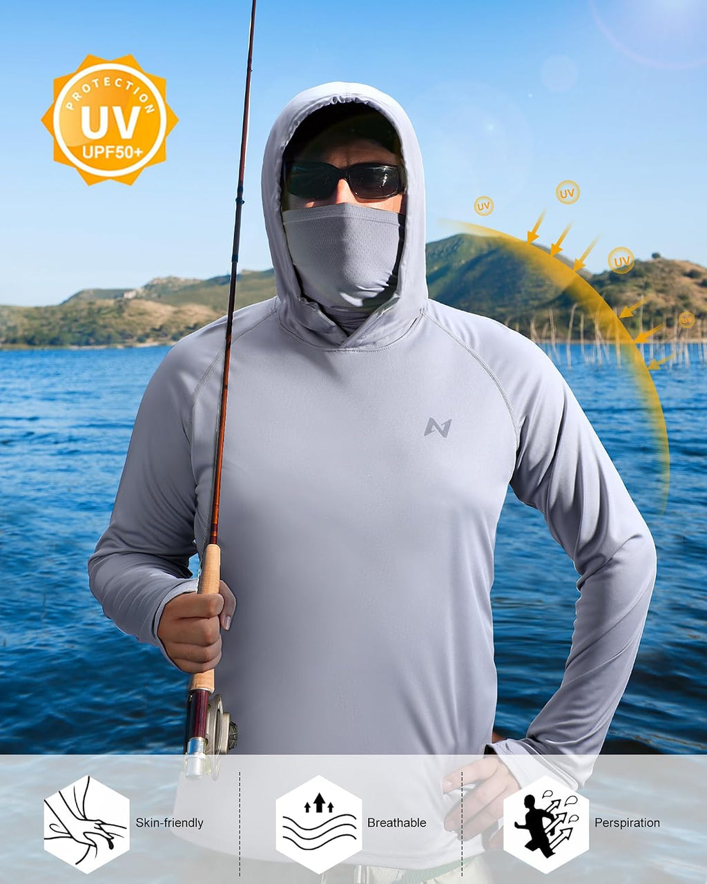 isnowood Mens UPF 50+ Sun Hoodie Long Sleeve Fishing Shirt with Face Mask