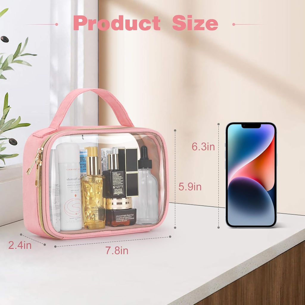 Wedama TSA Approved Toiletry Bag, 3 Pack Clear Makeup Bags with Handles, Quart Size Clear Toiletry Bags, PVC Cosmetic Bags for Women and Men, Carry on Airport Airline Comp (Pink, 3 Pack, Medium)